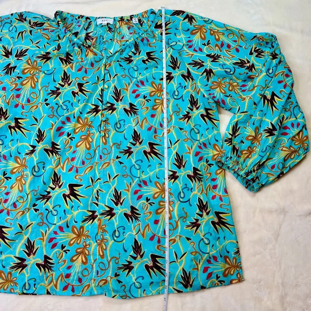 ALC Tropical Cotton Blouse Balloon Sleeve Turquoise 12 Resort Vacation Cruise - Picture 7 of 16